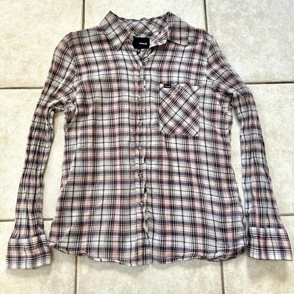 Hurley Lightweight Pink/Purple/White Plaid Button Down Blouse - Picture 3 of 11